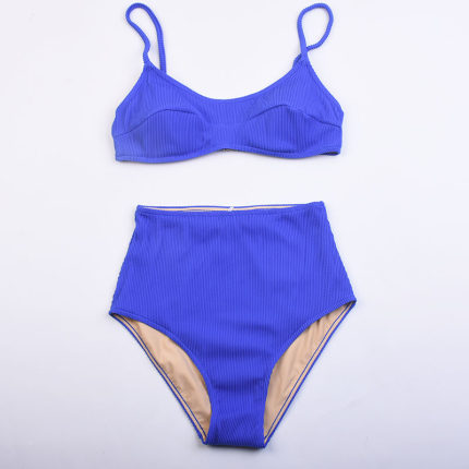 澳洲小胸聚拢海边度假高腰显瘦比基尼纯色分体泳衣女带胸垫bikini