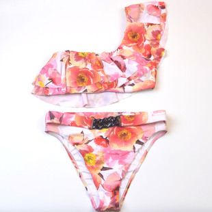 泳装 bikini大码 女 T品牌度假印花单肩荷叶边分体泳衣时尚 英国N