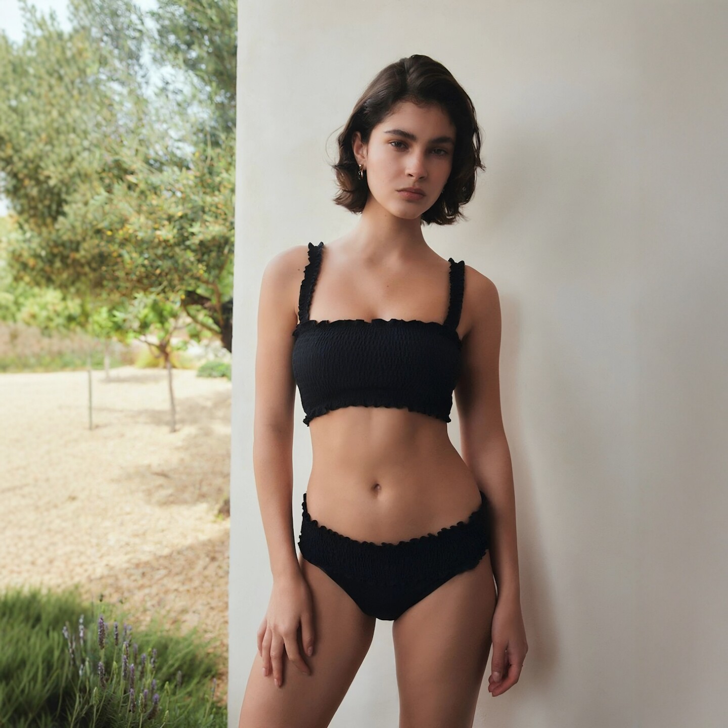 英国N**T品牌夏日海边纯色褶皱分体泳衣时尚bikini泳装女款