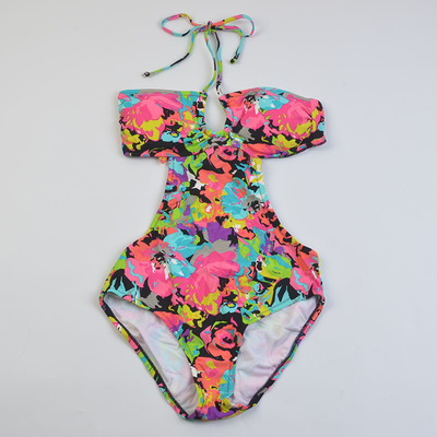 外贸monokini女露背印花连体泳衣