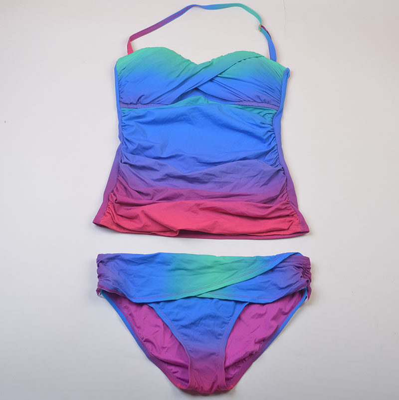 新款美国设计师品牌BL**保守遮肚子彩虹渐变分体泳衣bikini泳衣女