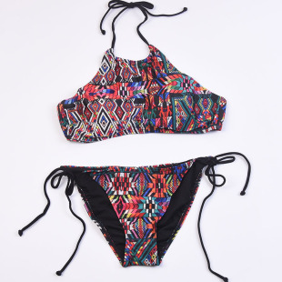 性感沙滩度假印花聚拢比基尼肚兜bikini女泳衣带胸垫温泉泳装
