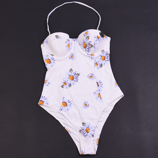 外贸原单品牌美丽雏菊花清新钢托聚拢三角连体泳衣高品质泳装 女