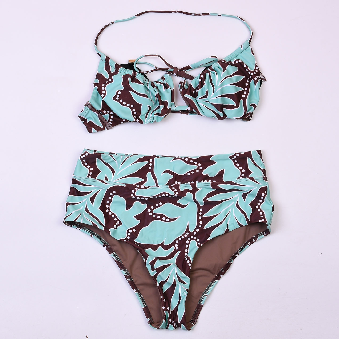 澳洲品牌MIN**高腰碎花挂脖钢圈比基尼bikini海边度假分体泳衣