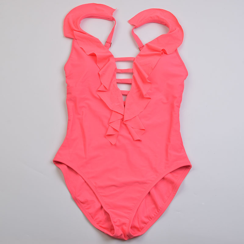 设计师品牌BLEU新款时尚荷叶边纯色大码连体泳衣显瘦度假泳装女