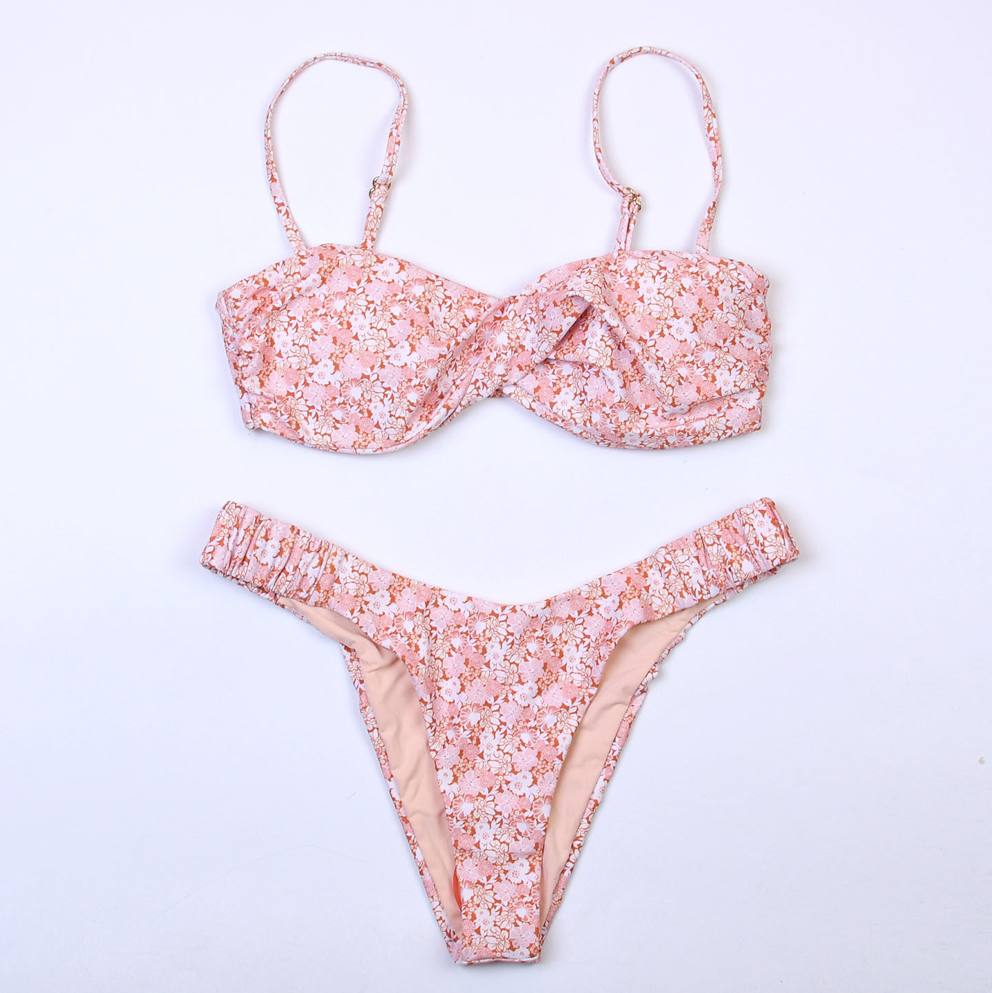 澳洲品牌MIN**碎花挂脖系带抹胸比基尼bikini海边度假分体泳衣
