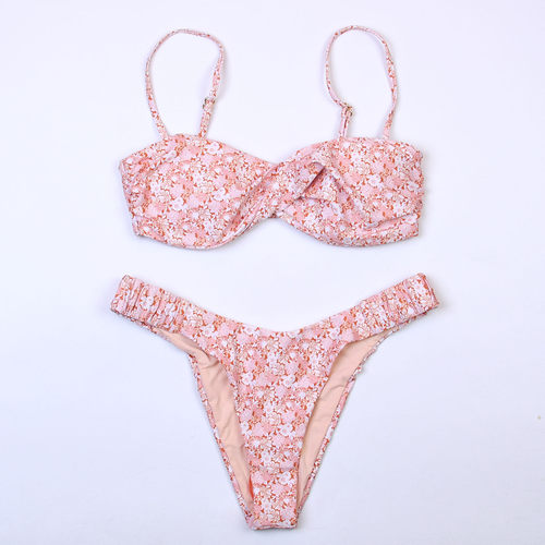 澳洲品牌MIN**碎花挂脖系带抹胸比基尼bikini海边度假分体泳衣