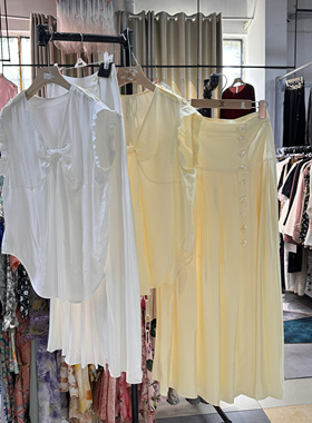 Z261-又又两色V领无袖宽松套头上衣高腰百褶开叉长半裙春夏套装女