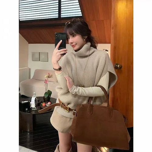 2025冬季女装灰绿色高领无袖套头