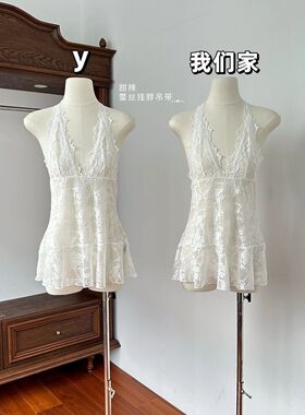 【叠穿神器】网红爆款复古蕾丝拼接挂脖系带打底背心百搭连衣裙女