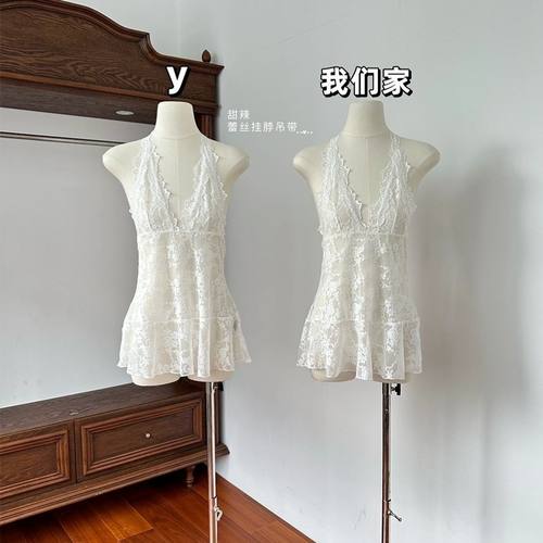 【叠穿神器】网红爆款复古蕾丝拼接挂脖系带打底背心百搭连衣裙女