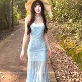 纯欲鱼尾包臀长裙 海边度假绝美修身 法式 蓝色碎花吊带连衣裙女夏季