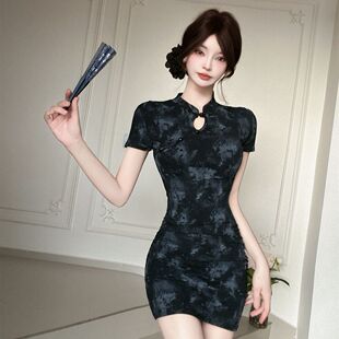 小个子穿搭年轻少女款连衣裙短款夏季紧身国风印花直播设计款国潮