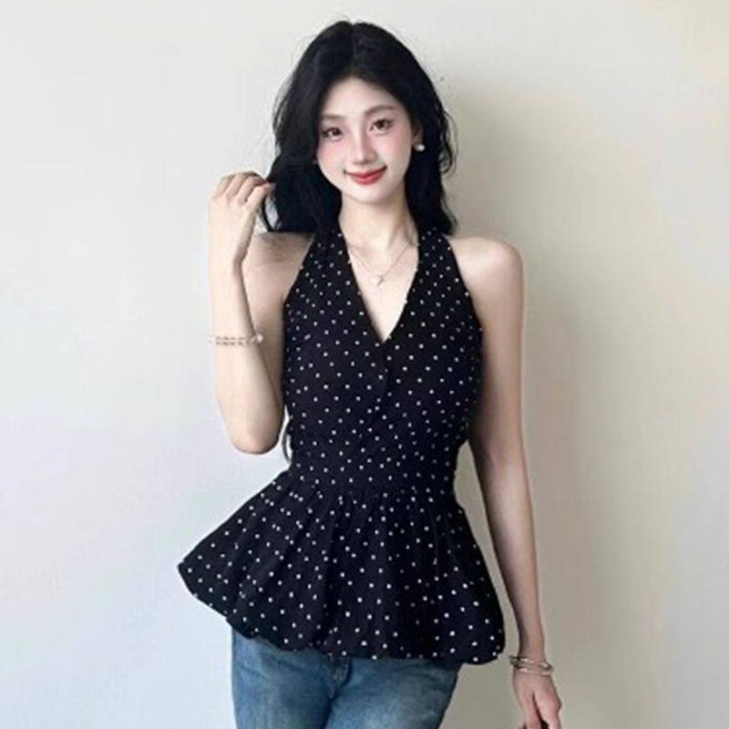 法式气质波点小众设计感裙摆无袖挂脖背心女夏季收腰显瘦衬衫上衣图片