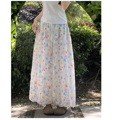 温柔风碎花彩色花苞裙裤女夏季薄款新款高腰显瘦小个子冰丝阔腿裤