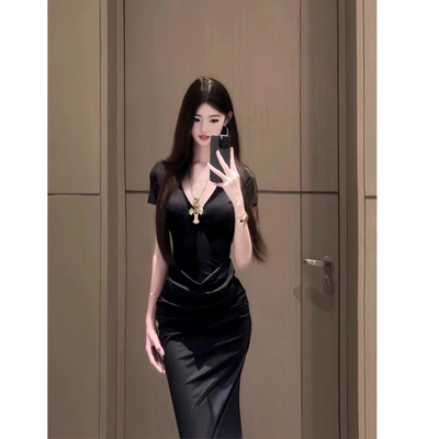 2025夏季新款垂感新中式连衣裙女微胖mm掐腰显瘦长裙子v领包臀裙