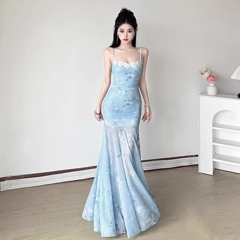 蕾丝拼接印花吊带连衣裙女夏季鱼尾裙修身网纱裙子设计感包臀长裙