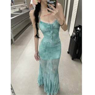 显瘦鱼尾长裙 微胖大码 小众蕾丝边拼接设计感吊带裙女夏季 新款 修身