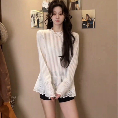 长袖优雅设计新款秋春季花边打底气质T恤蕾丝韩系慵懒松弛上衣潮