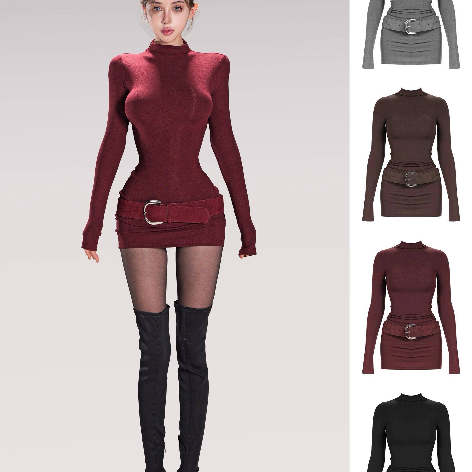 纯欲辣妹高领紧身收腰红色连衣裙女冬季内搭显瘦弹力百搭包臀短裙