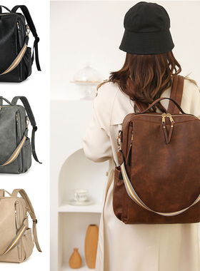 笔记本双肩电脑包男女复古风多功能PU时尚女包bags旅行功能背包