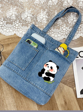 牛仔单肩印花包女休闲简约韩版女生托特包帆布学生手提补课书包袋