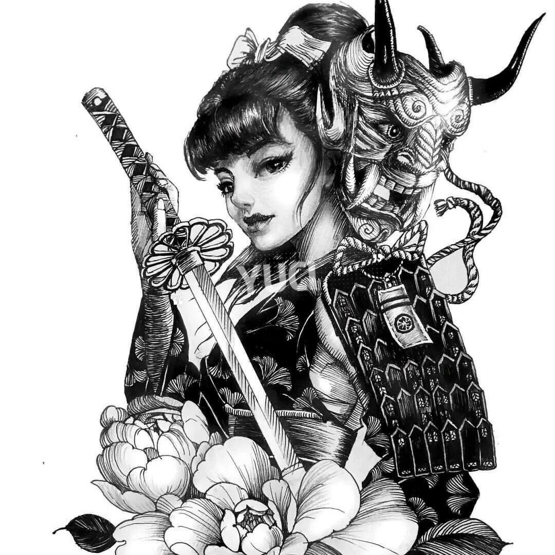 花臂草本果汁日系老传统(两张)艺伎男女武神防水持久仿真纹身贴