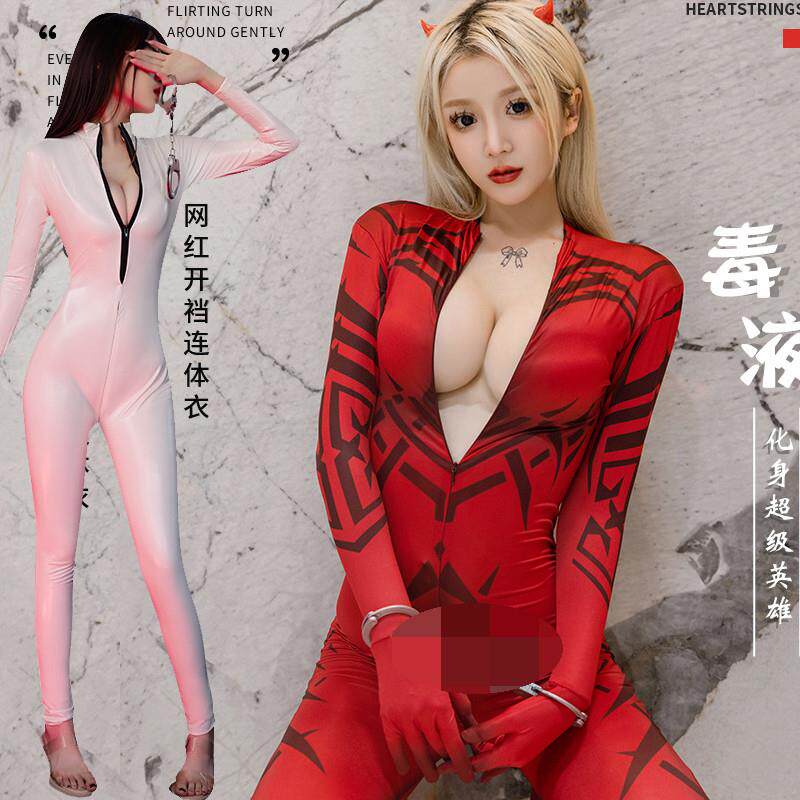 超级英雄印花连体服紧身衣Cosplay拉链开档夜店女王钢管舞娘高弹