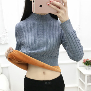 秋冬季加绒毛衣女加厚内搭大码半高领套头打底针织衫保暖上衣外穿