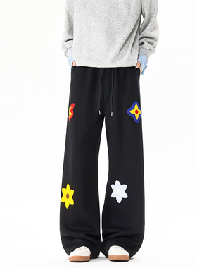 美式刺绣花卉加绒运动裤男女秋冬装加潮牌潮胖人宽松学生直筒卫裤