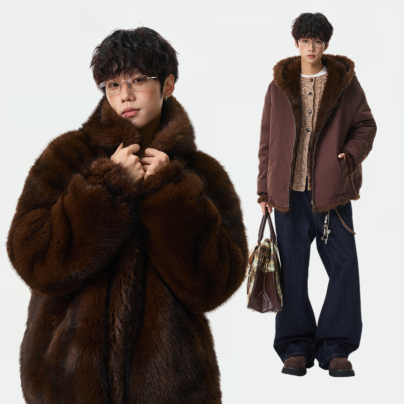 GDW韩系雪雕皮草加厚保暖一件过冬双面穿连帽休闲派刻服男女外套