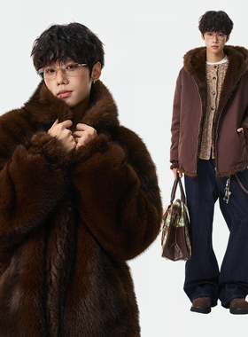 GDW韩系雪雕皮草加厚保暖一件过冬双面穿连帽休闲派刻服男女外套