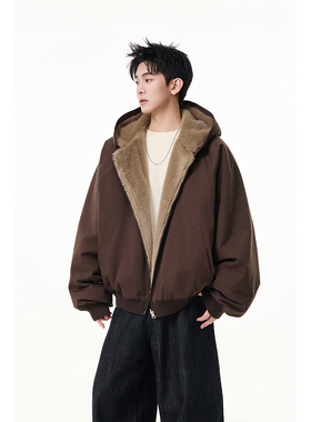 CVPV两面穿仿兔毛棉衣男冬美式痞帅保暖连帽棉服复古百搭情侣外套