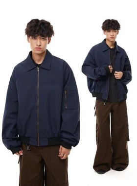 GDWE秋季男士翻领夹克外套男韩版宽松百搭复古短款飞行夹克棒球服