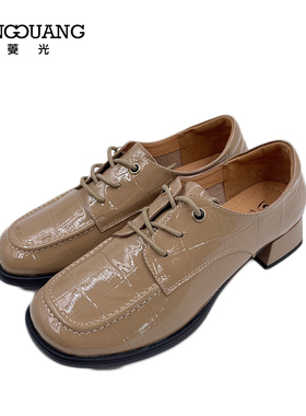 菱光女鞋2023新款秋季系带软底黑色乐福鞋女厚底真皮鞋B238DM333