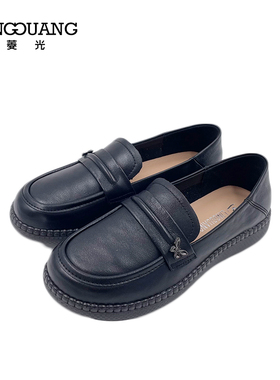 菱光女鞋2024新款套脚百搭粗跟牛皮乐福鞋黑色套脚防滑B43M6111