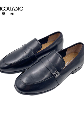 2024春秋新款一脚蹬小皮鞋扣胎牛皮深口平底黑色乐福鞋B43LN235