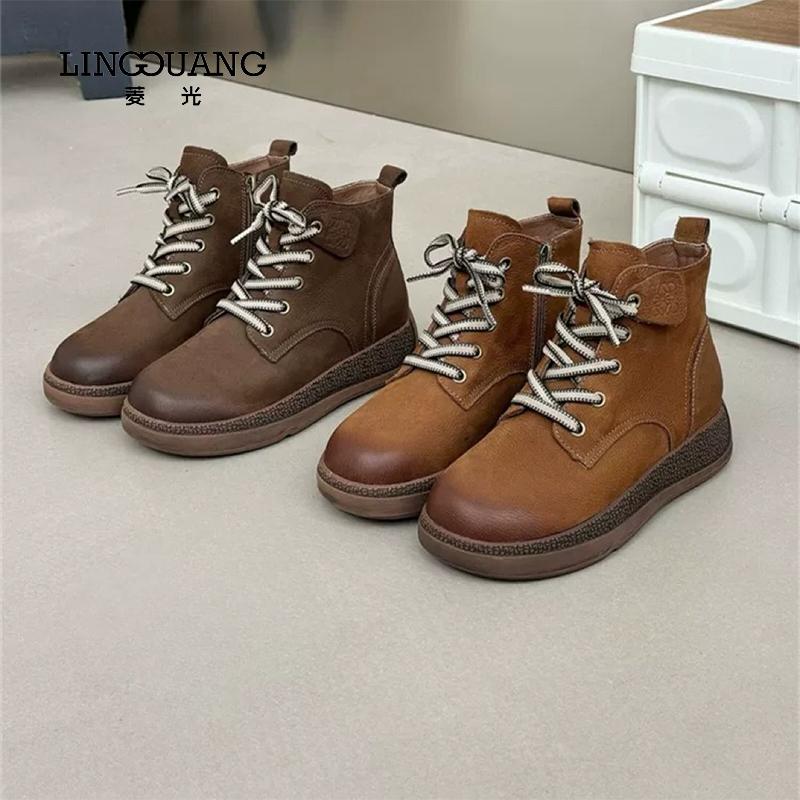 菱光复古磨砂牛皮马丁靴女2024秋季新款百搭厚底短靴N43KY912