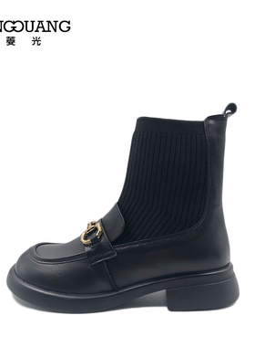 菱光女鞋2022冬季新款针织复古学院风中筒靴乐福袜靴N227H2678