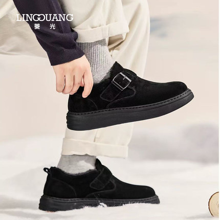 菱光男鞋反绒皮魔术贴勃肯鞋黑色厚底一脚蹬休闲鞋M53XY3809