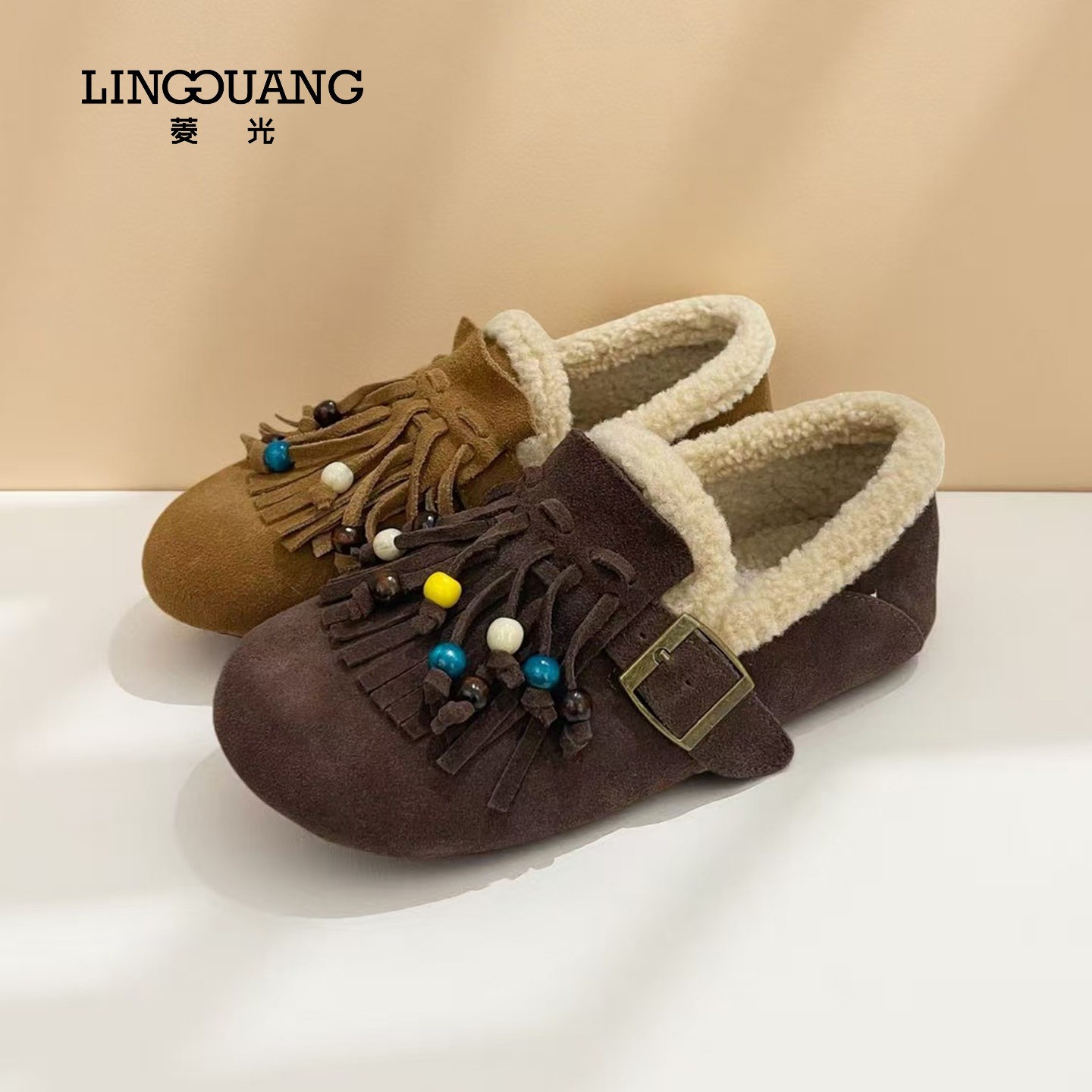 菱光复古流苏勃肯鞋女加绒平底休闲鞋百搭串珠反绒皮N53QY5007