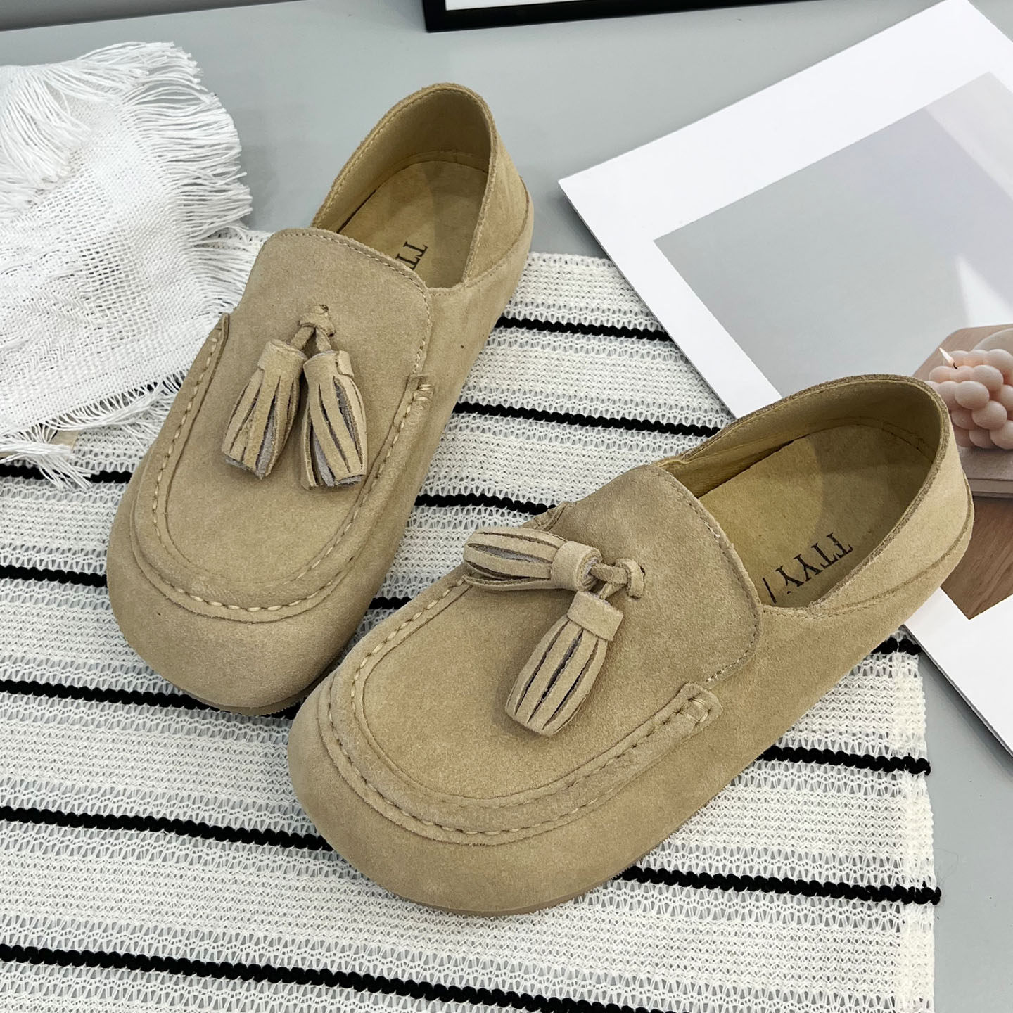 真皮流苏豆豆鞋女2026春季新款一脚蹬休闲舒适百搭单鞋懒人勃肯鞋,女鞋,乐福鞋（豆豆鞋）,淘宝优惠券,粉丝福利购,淘宝优惠卷