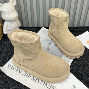 加厚东北勃肯棉靴短靴 新款 时尚 真皮厚底加绒保暖雪地靴女2025冬季