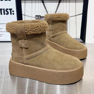 磨砂皮羊羔毛加绒保暖雪地靴女冬季新款松糕厚底毛毛棉靴休闲短靴