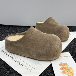 外穿毛毛鞋 懒人卡皮巴拉包头半拖鞋 女2025秋冬新款 真皮厚底勃肯鞋