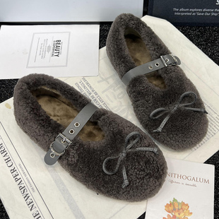 豆豆鞋 百搭蝴蝶结加绒保暖棉瓢鞋 女玛丽珍2025秋冬新款 羊羔毛毛鞋