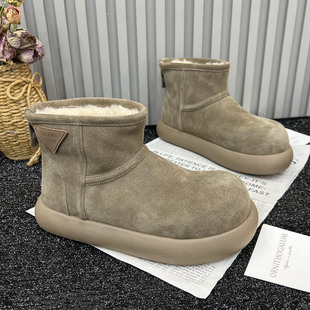 雪地棉短靴 加绒保暖面包鞋 真皮厚底加厚东北雪地靴女2025冬季 新款