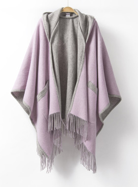 内蒙古2023新款纯羊毛双面流苏连帽斗篷披肩 双面纯色u型围巾