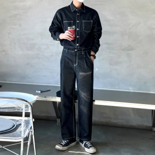 韓系直筒闊腿牛仔褲 兩件套 男春季 MRCYC痞帥水洗翻領牛仔夾克套裝