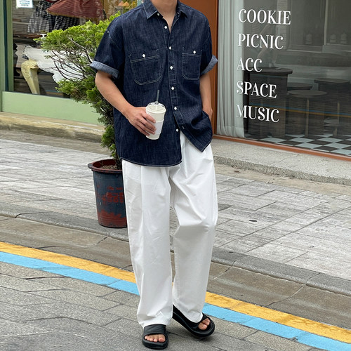 MRCYC韩版宽松复古牛仔短袖衬衫